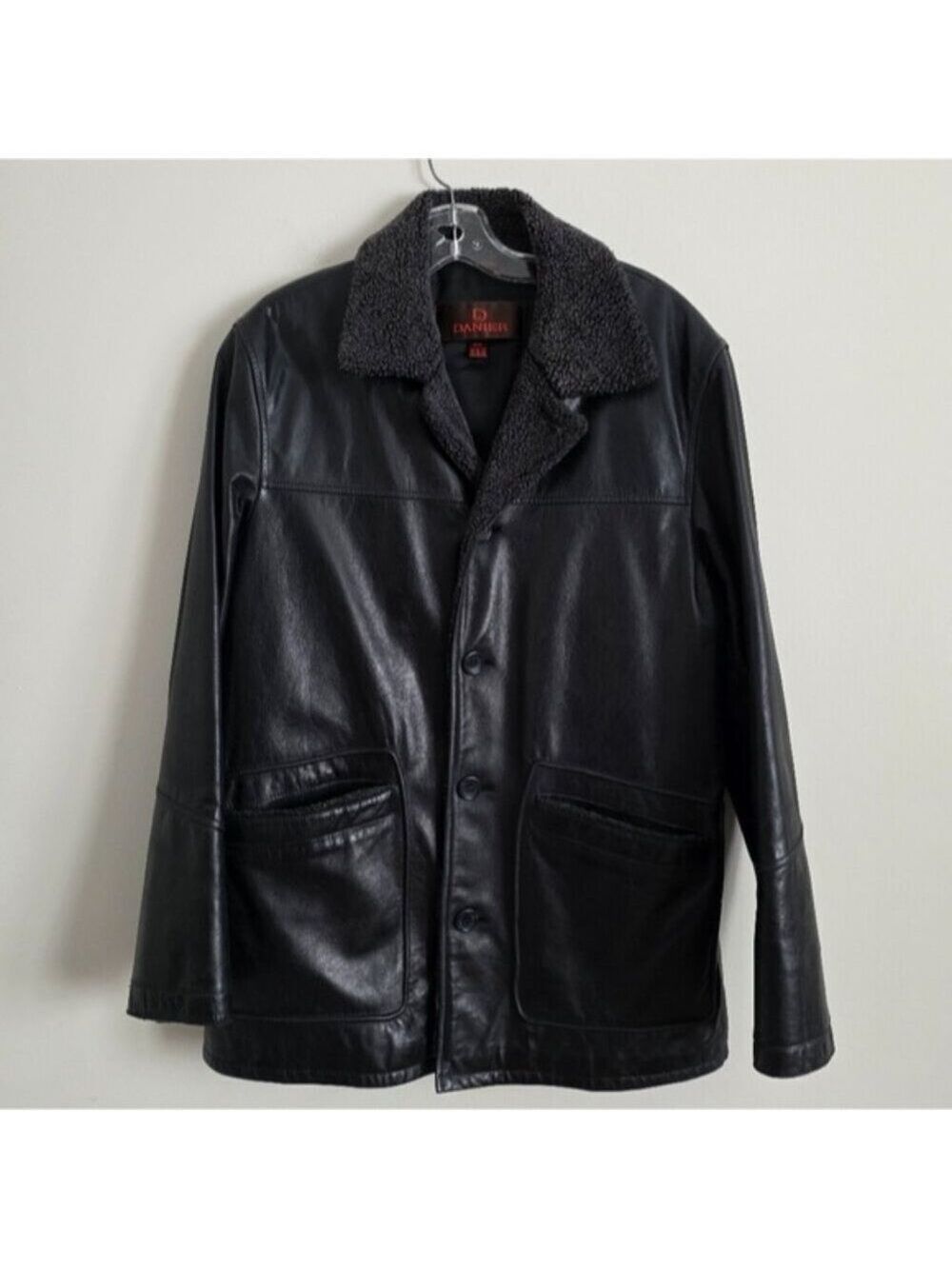 DANIER | Shearling Collar Leather Coat Jacket black Mens Sz M